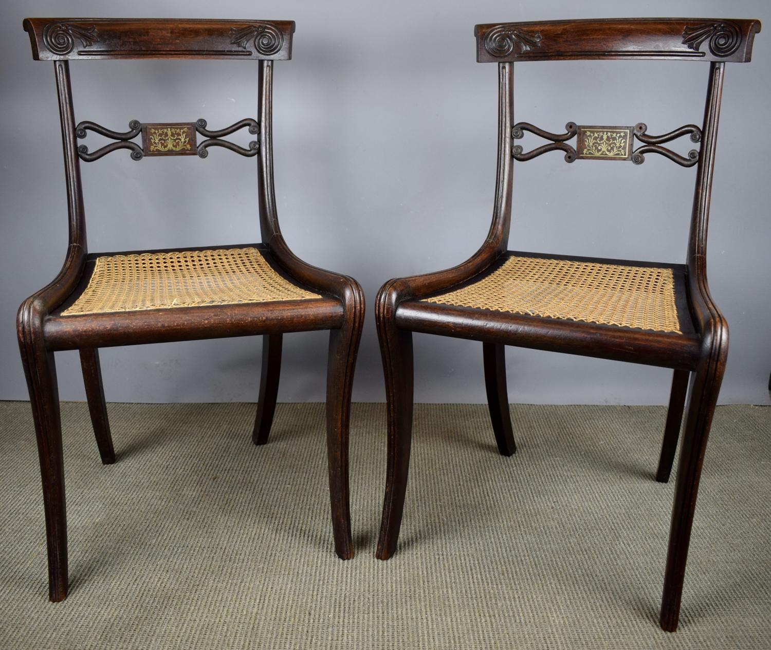 Pair of Regency Brass Inlaid Faux Rosewood Chairs
