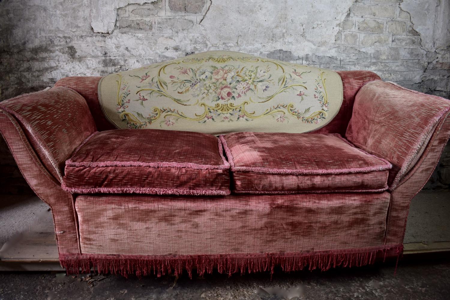 Edwardian Raspberry Pink Velvet Two Seat Sofa with Needlework Back