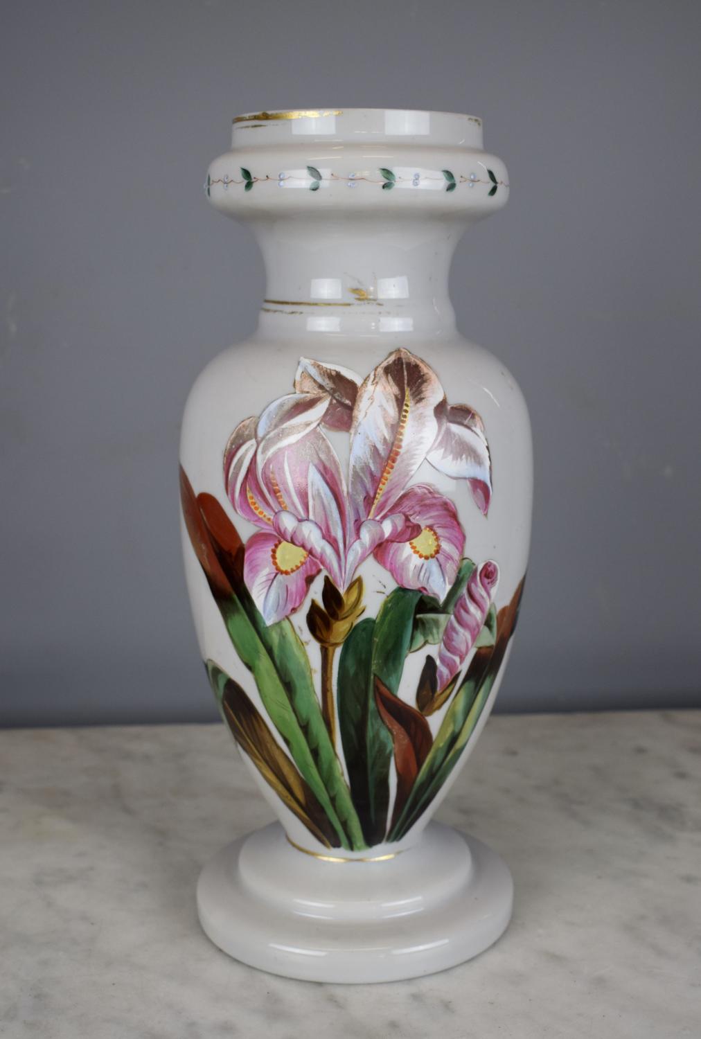 Large Victorian Hand Painted Milk Glass Vase