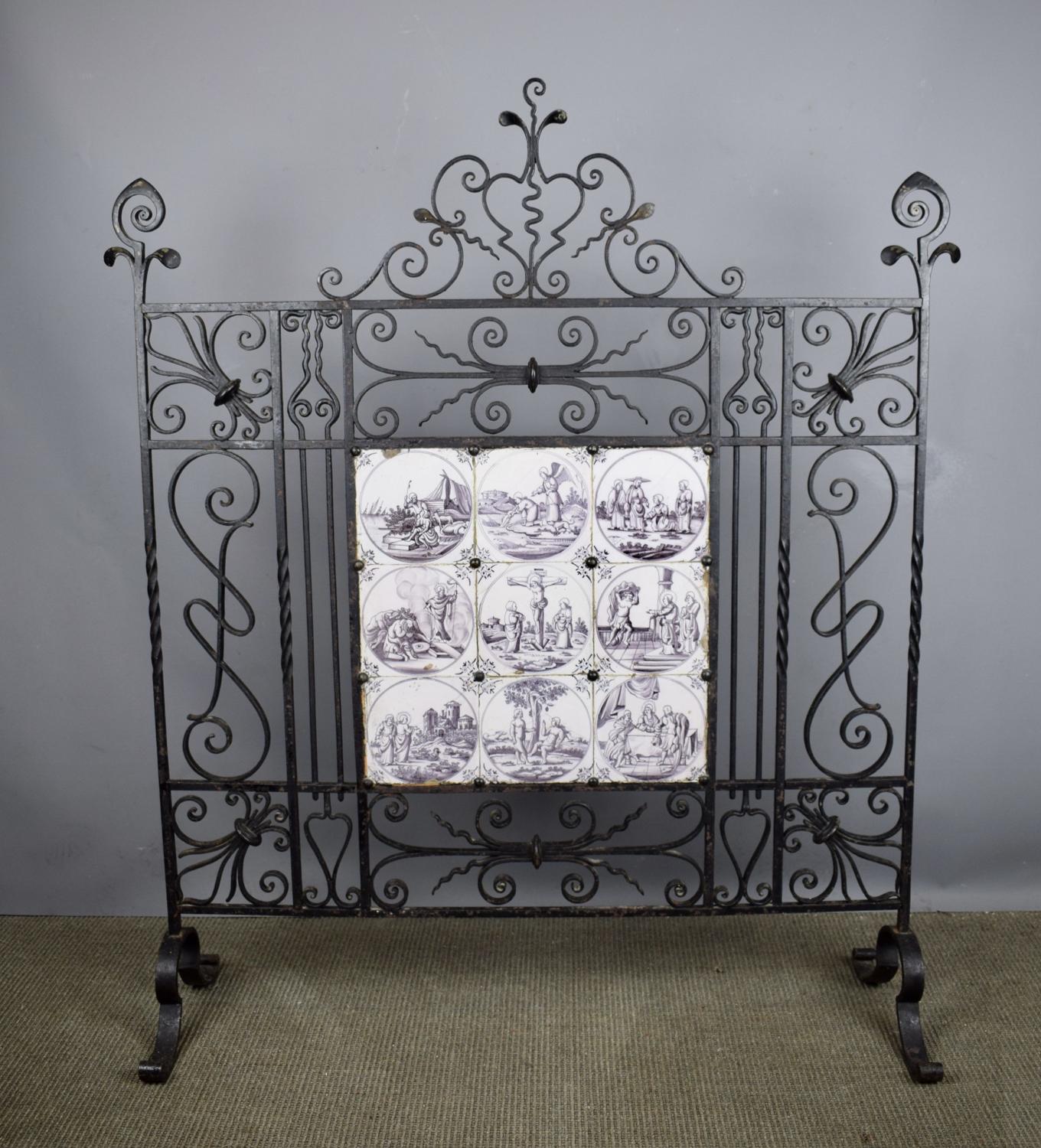 Wrought Iron Firescreen Inset with 18th Century Manganese Delft Tiles