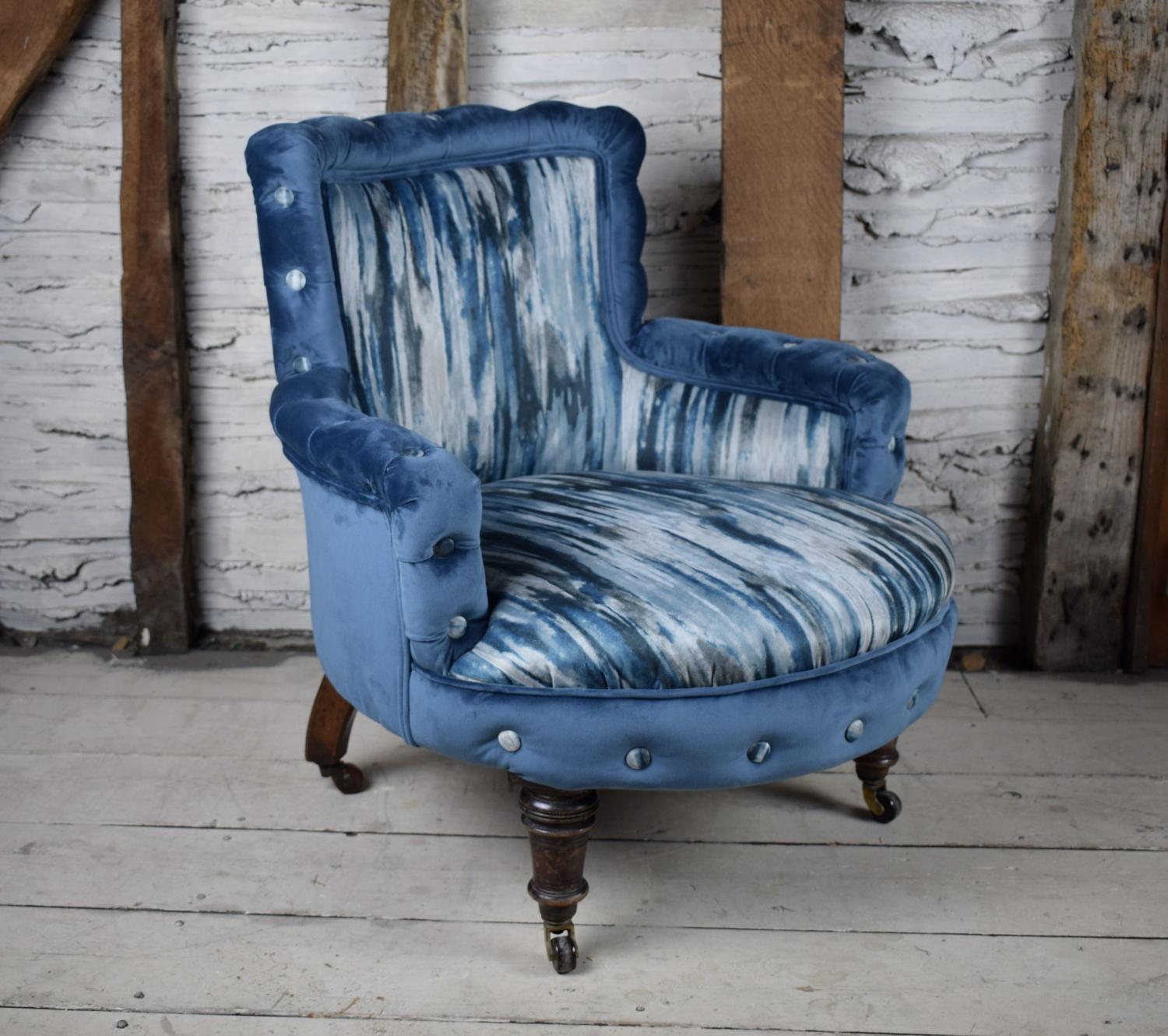 Small Antique Victorian Blue Velvet Armchair