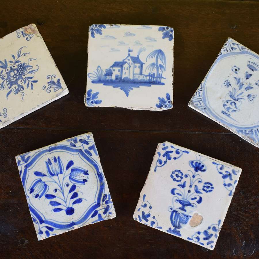 Five Various Delft Blue & White Tiles