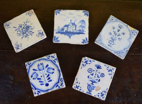 Five Various Delft Blue & White Tiles