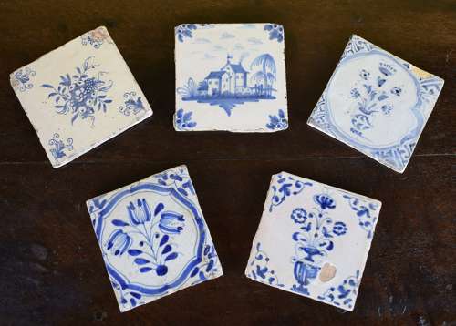 Five Various Delft Blue & White Tiles