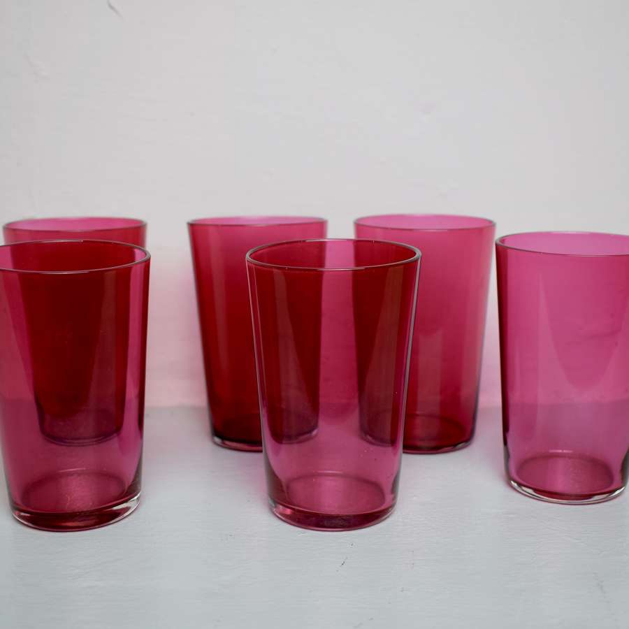 Set of Six Victorian Cranberry Glass Tumblers