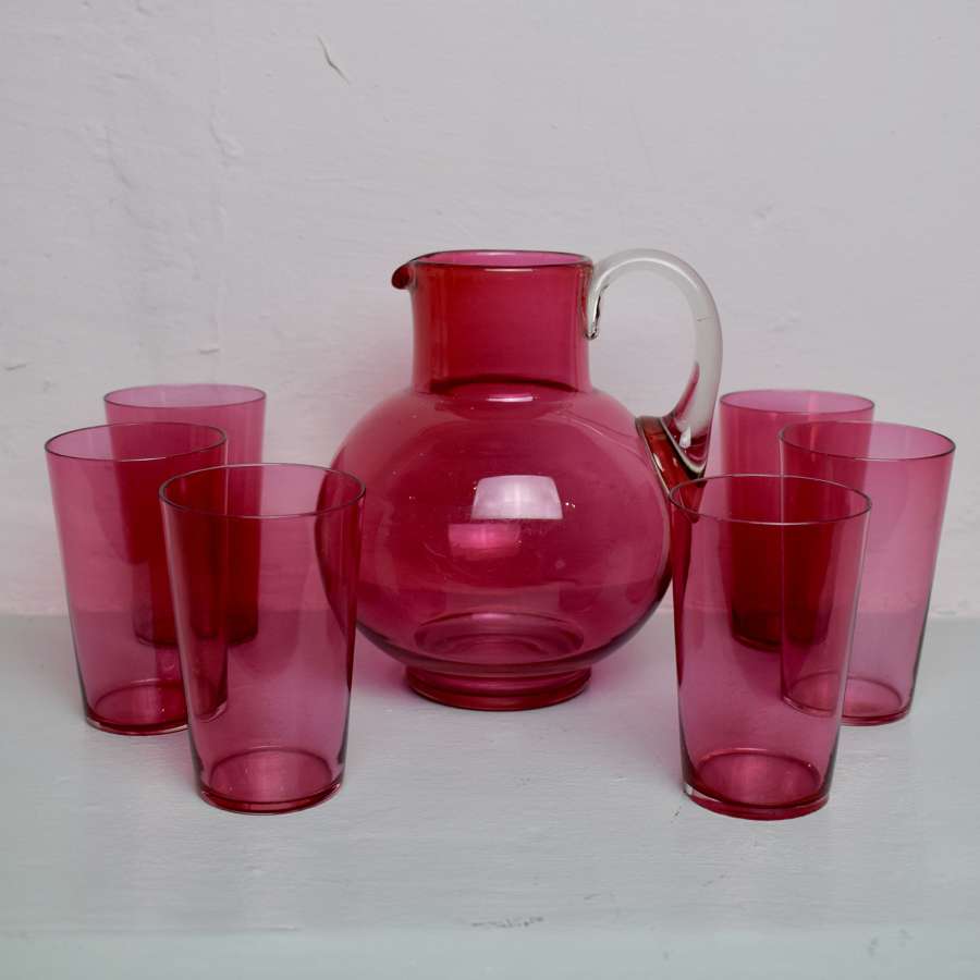 Victorian Cranberry Glass Water Jug & Tumblers