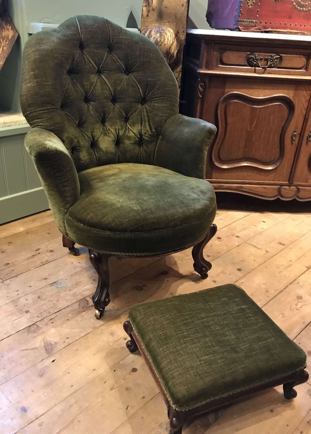 Antique Button Back Armchair and Footstool