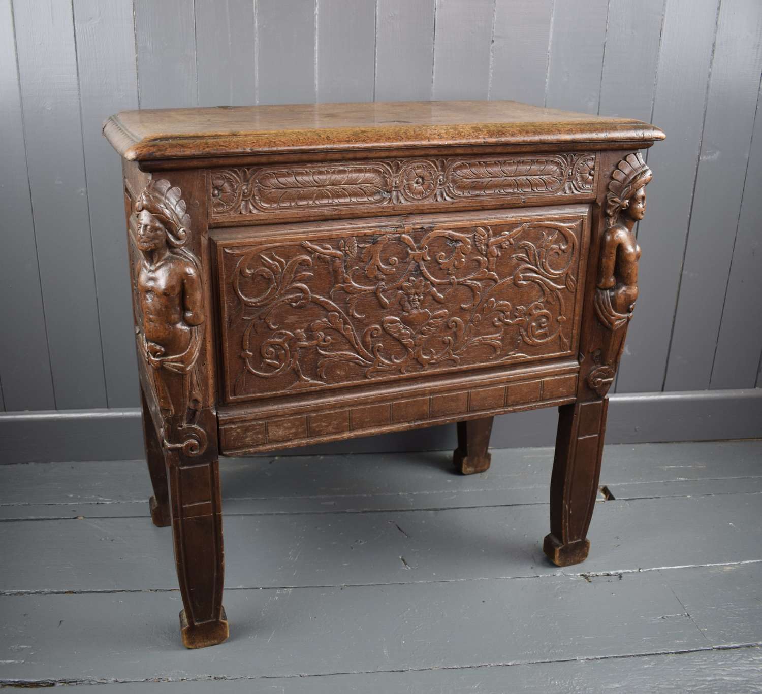 Small Antique Carved Oak Coffer with Native American Caryatids