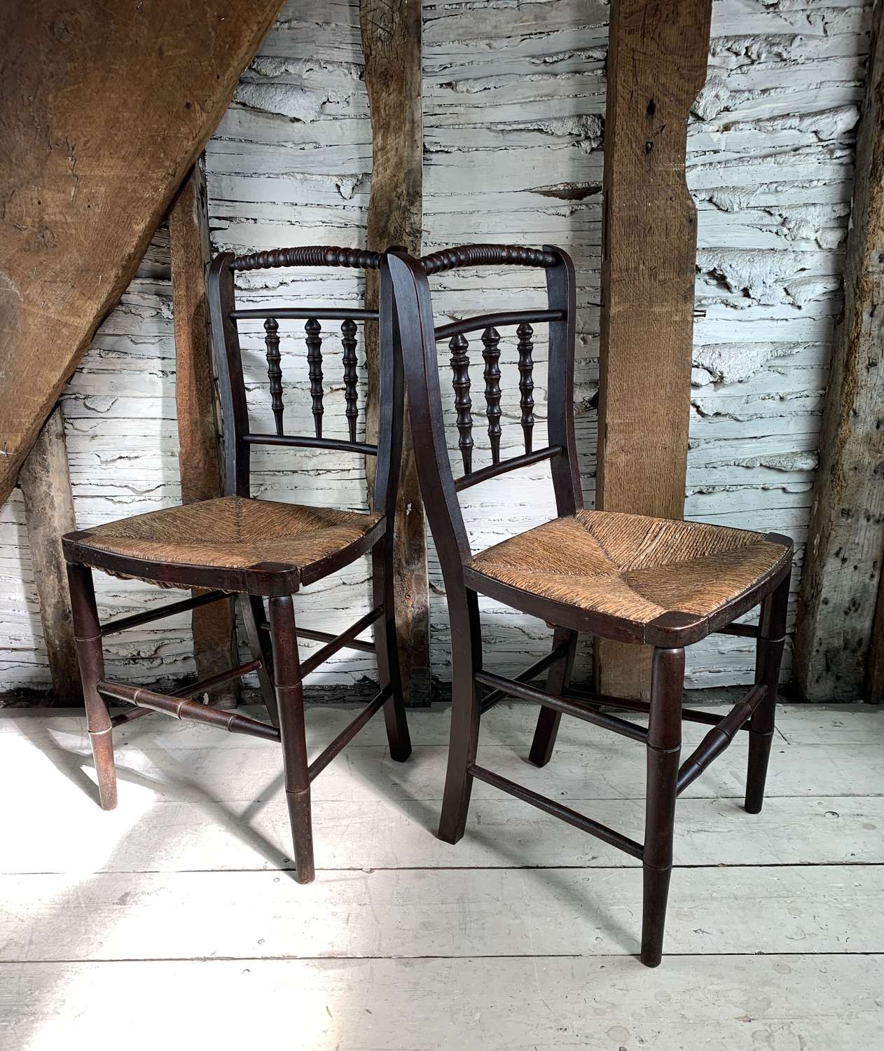 Pair of Regency Faux Bamboo Chairs with Rush Seats