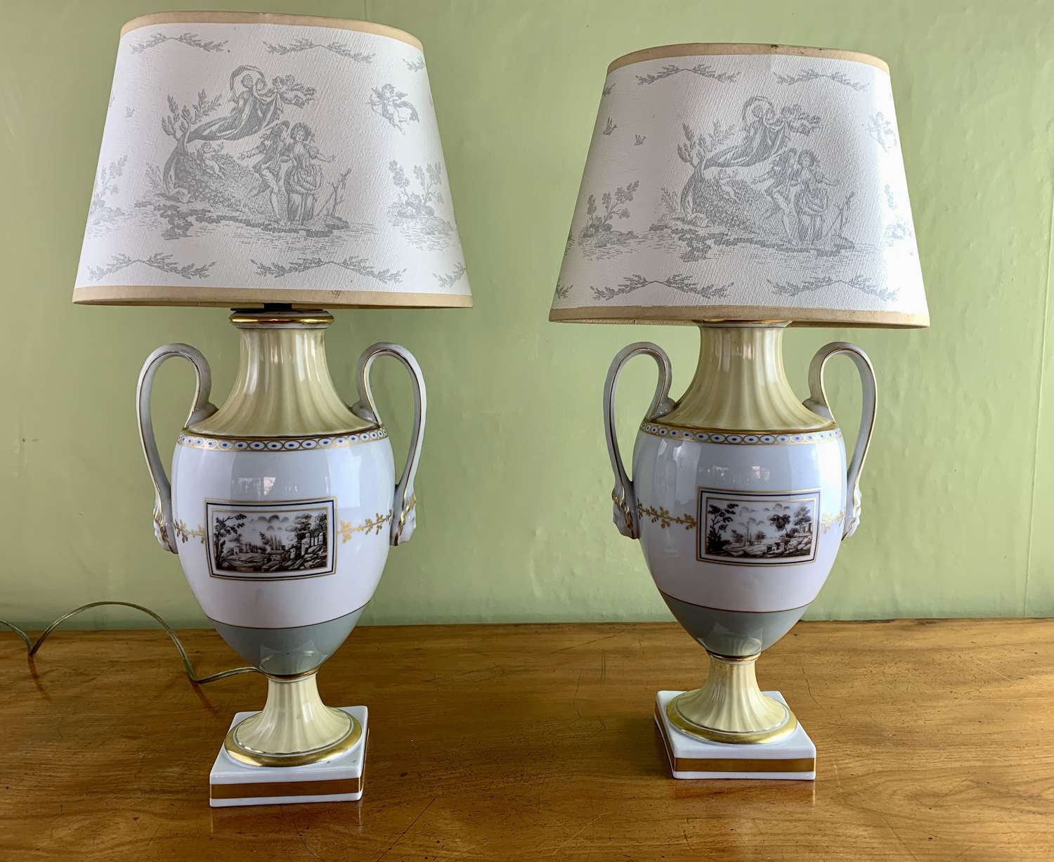 Pair of Richard Ginori Hand Painted Porcelain Vase Lamps