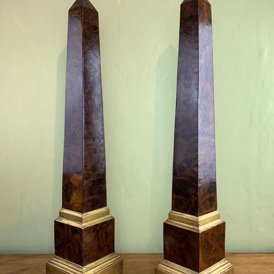 Large Pair of Walnut Veneered & Gilt Obelisks