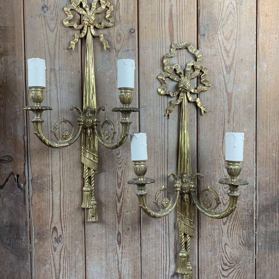 Pair of Vintage French Gilt Brass Wall Lights in Louis XVI Style