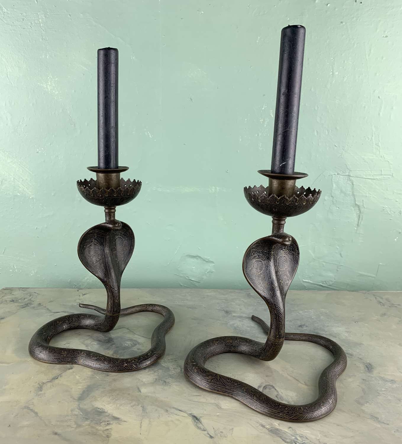 Pair of Indian Enamelled Brass Cobra Candlesticks