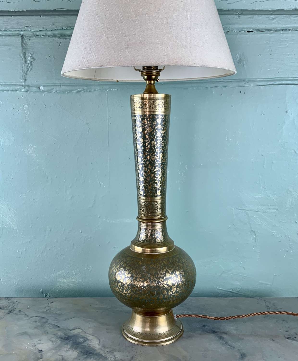 Indian Blue Enamel Brass Table Lamp