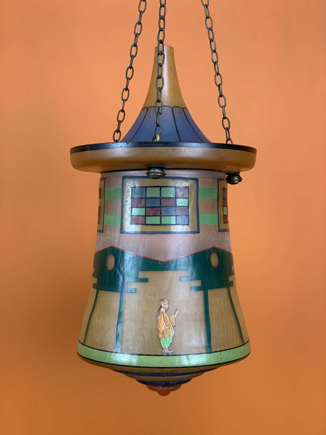 Czechozlovakian Hand Painted Glass Lantern of Pagoda Form