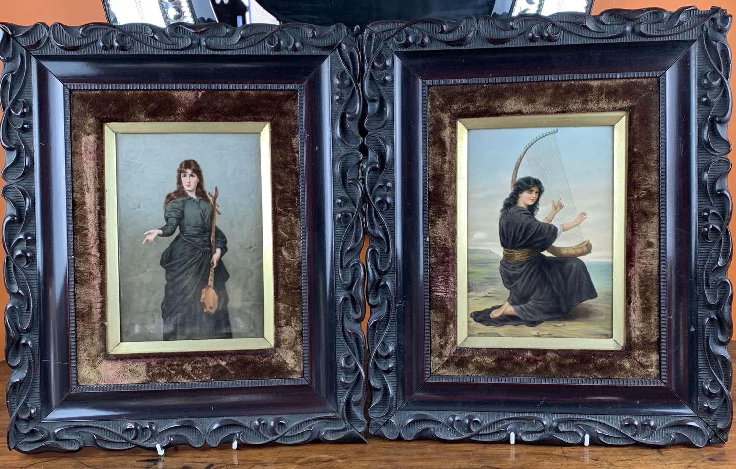 Pair of Berlin Hand Painted Porcelain Plaques of Female Musicians