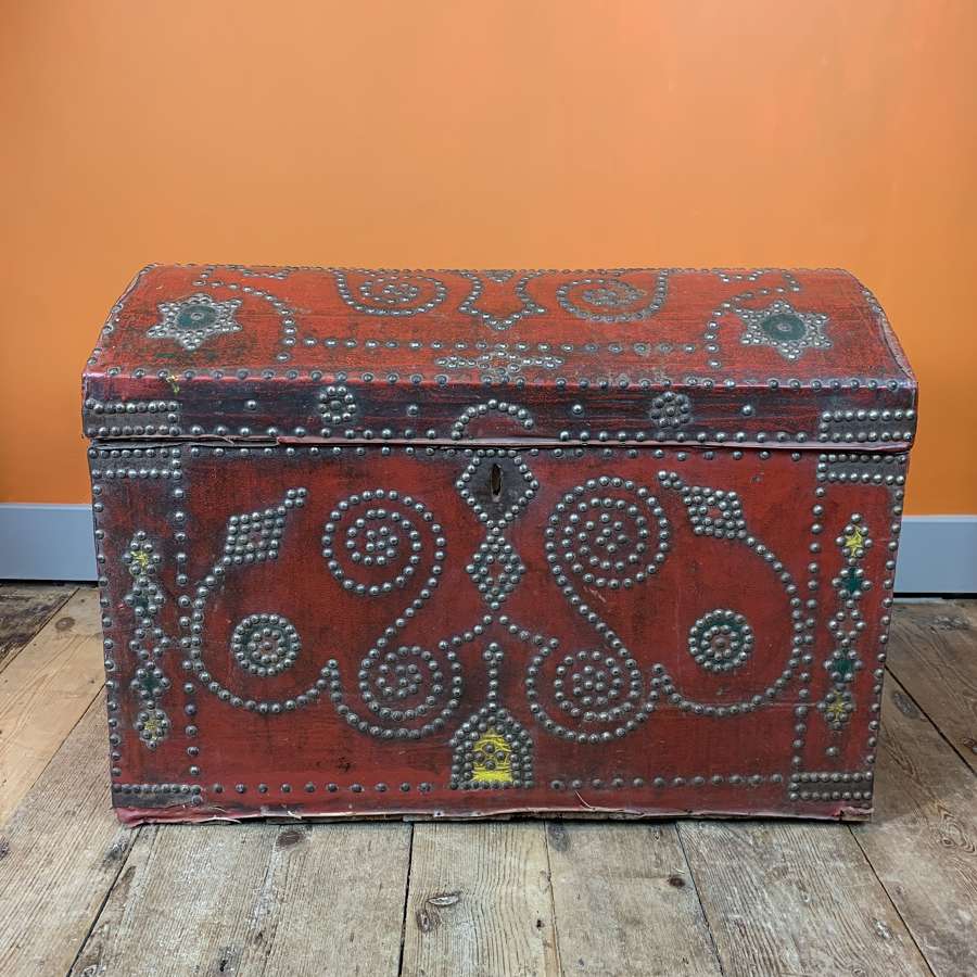 Antique Cloth Covered Carriage Trunk with Studded Decoration