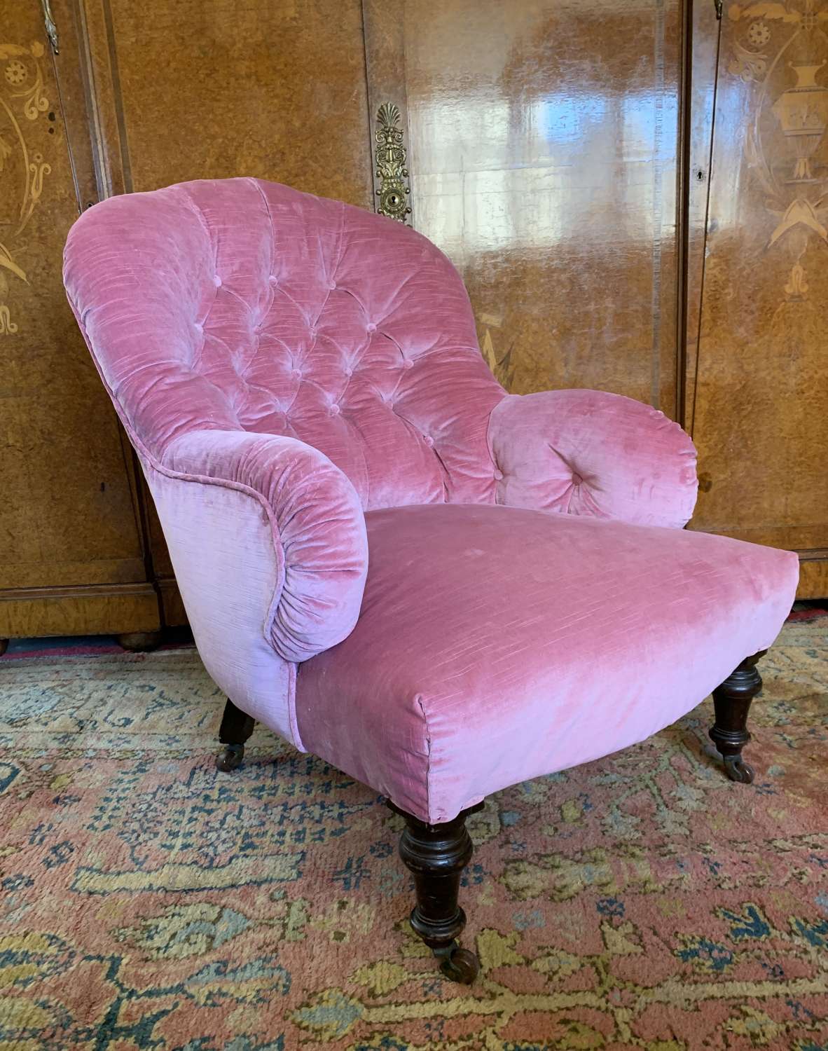 Victorian Pink Velvet Button Back Armchair