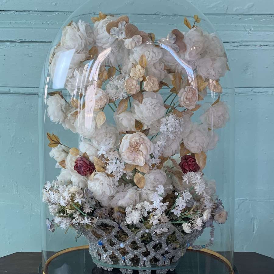 Victorian Glass Dome With Glass Basket & Silk Flower Display