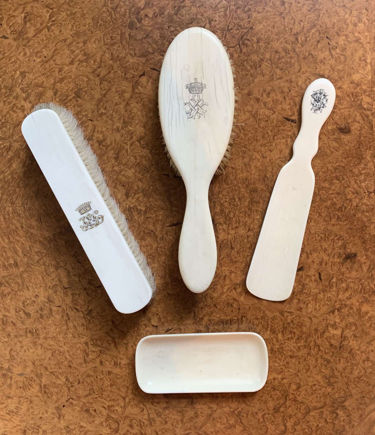 An Ivory Hairbrush with Royal Monogram and Various Others