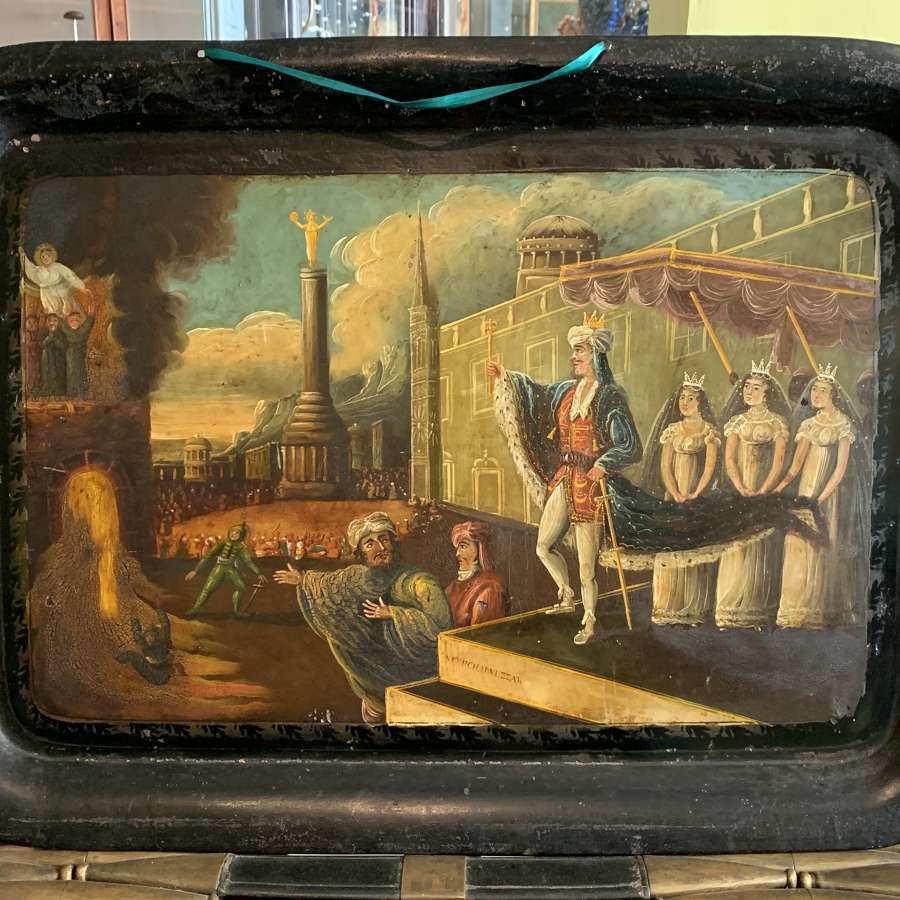Early Victorian Hand Painted Toleware Tray with a Biblical Scene
