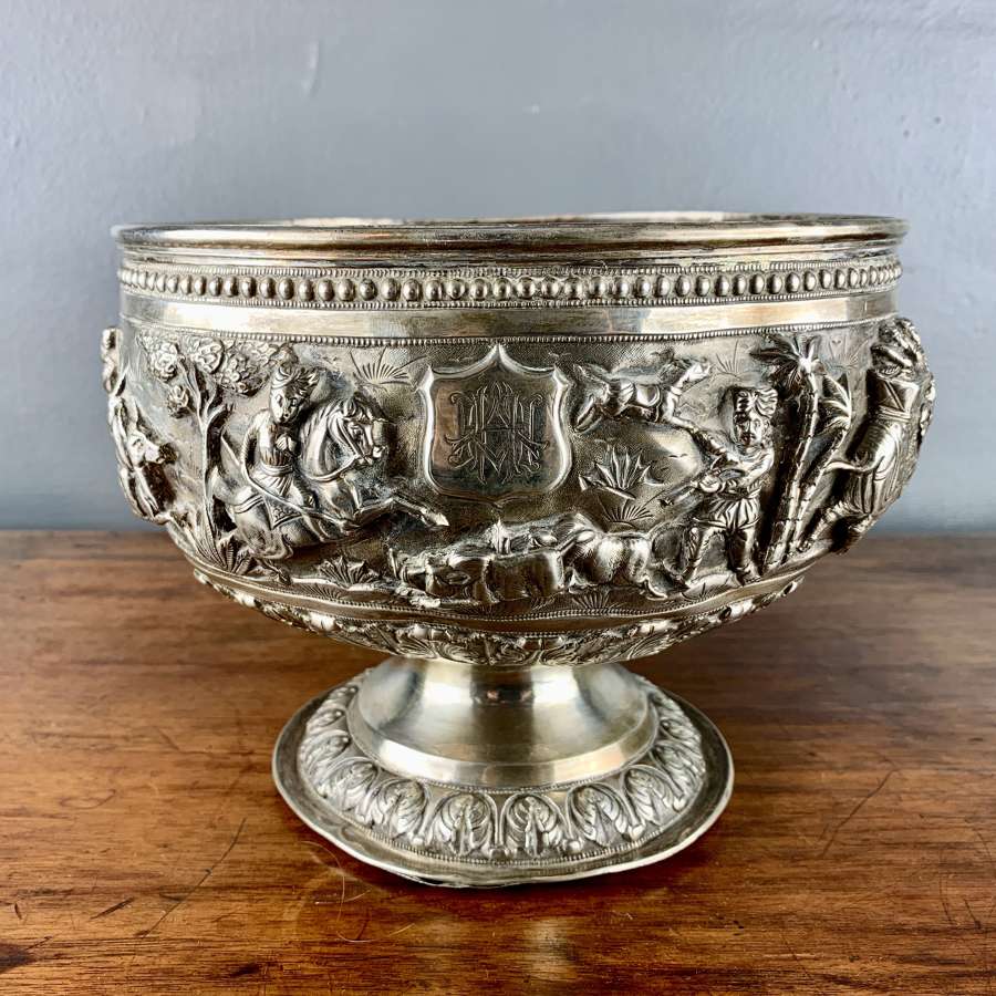 Antique Silver Repousse Silver Rose Bowl with a Hunting Scene