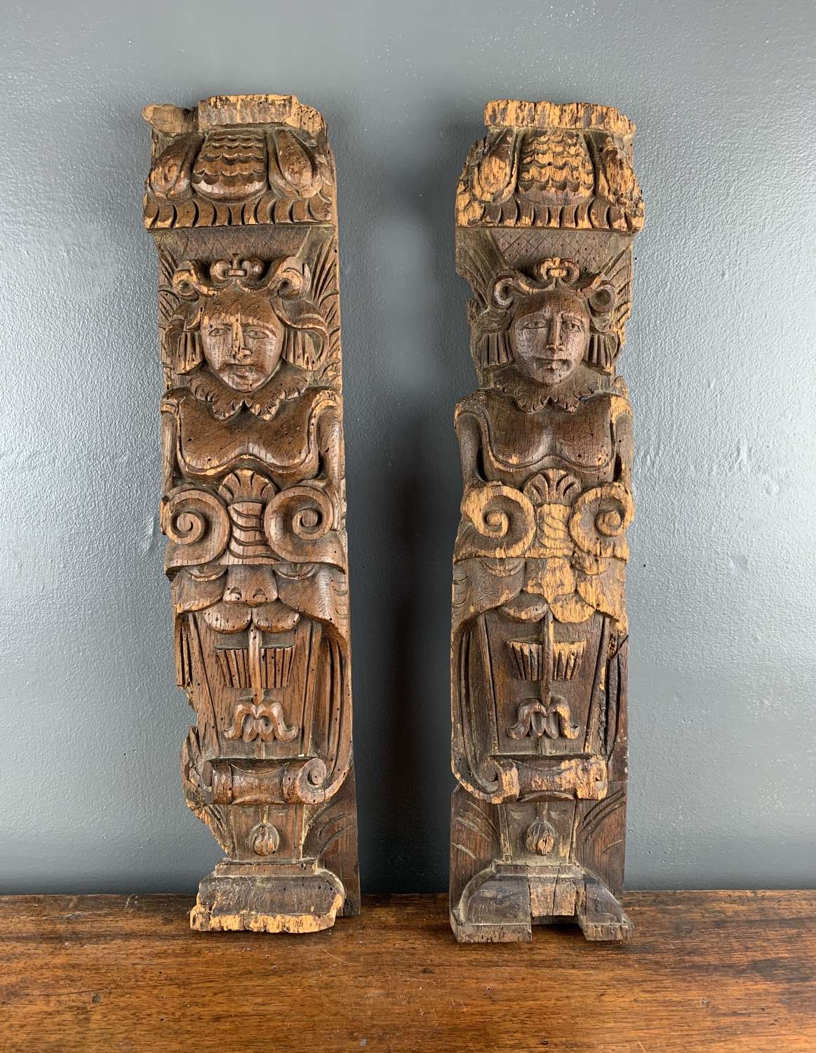 Pair of 16th Century Carved Oak Figural Terms