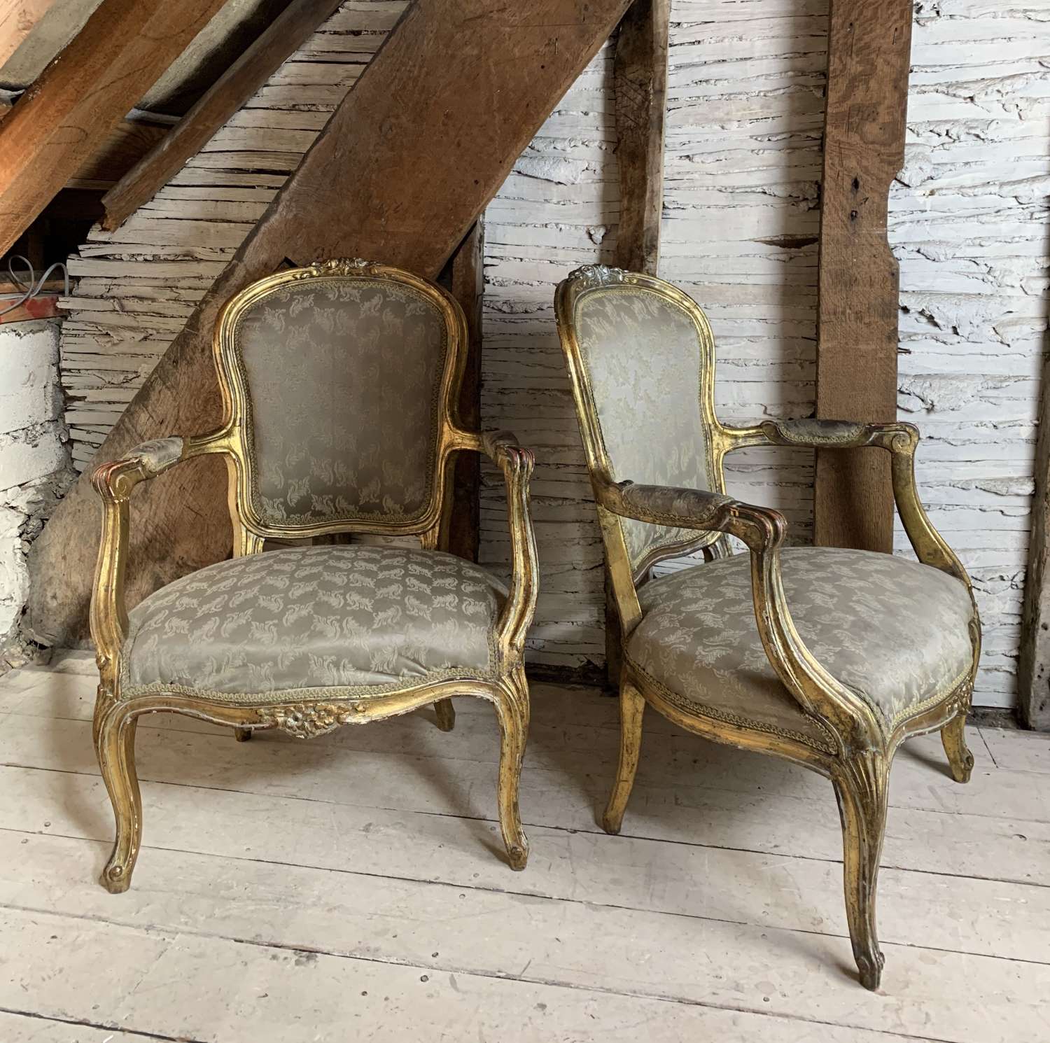 Pair of 19th Century French Giltwood Fauteuils in Louis XV Style