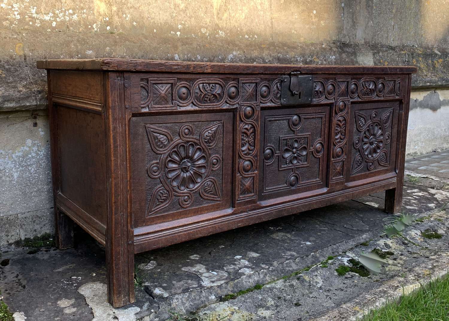 Early 18th Century Three Panel Carved Oak Coffer