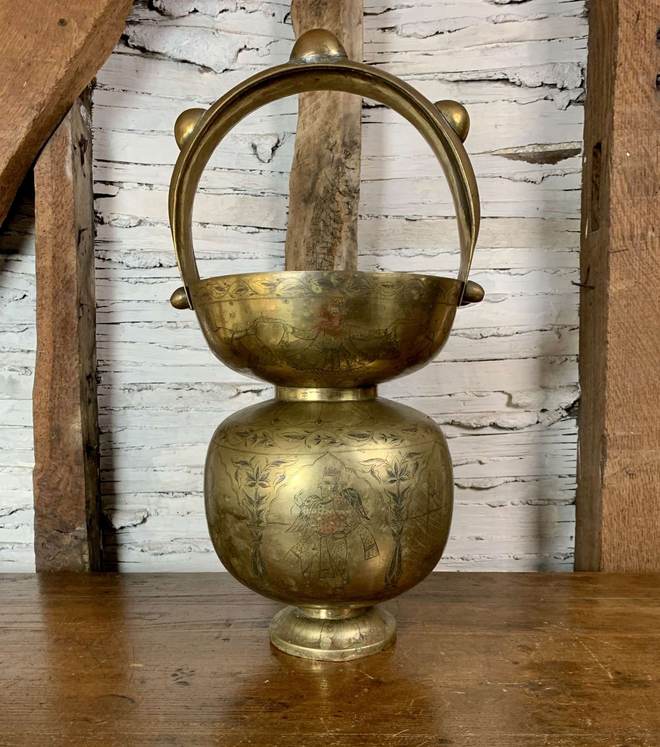 Antique Indian Engraved Kamandalu Brass Holy Water Carrier