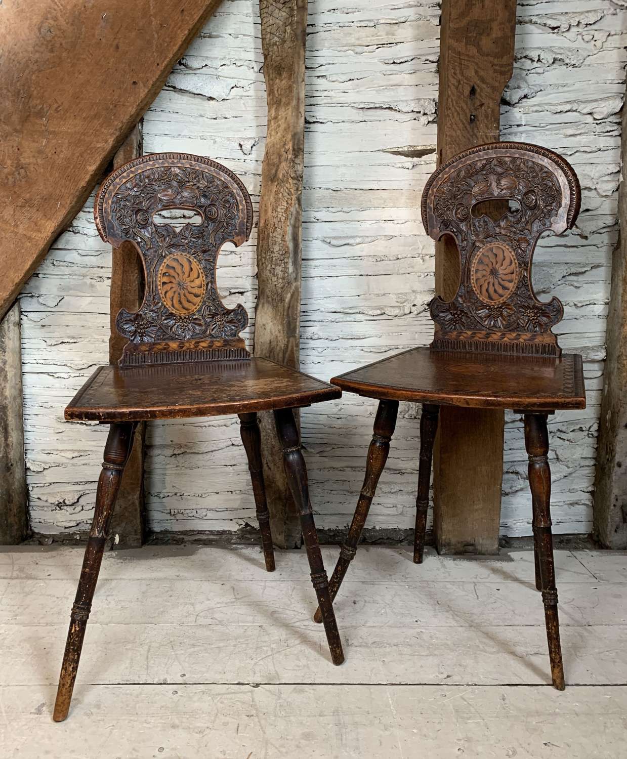 Pair of Antique Swiss Alpine Stabellen Chairs