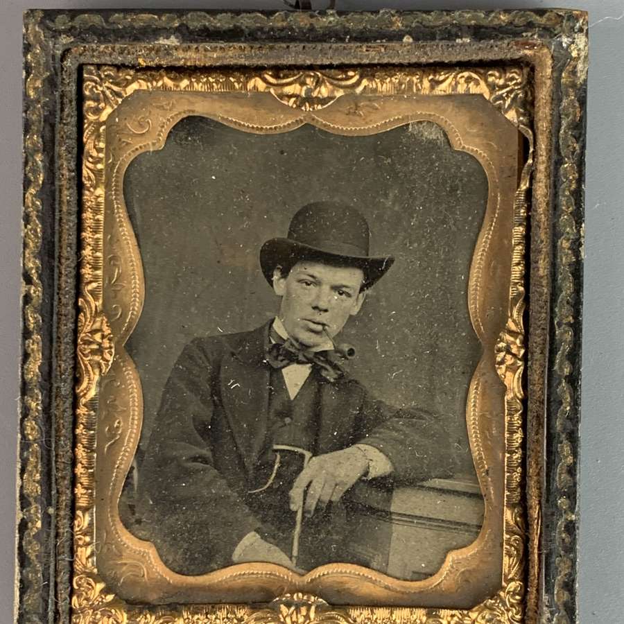 Victorian Ambrotype of a Man Smoking a Clay Pipe