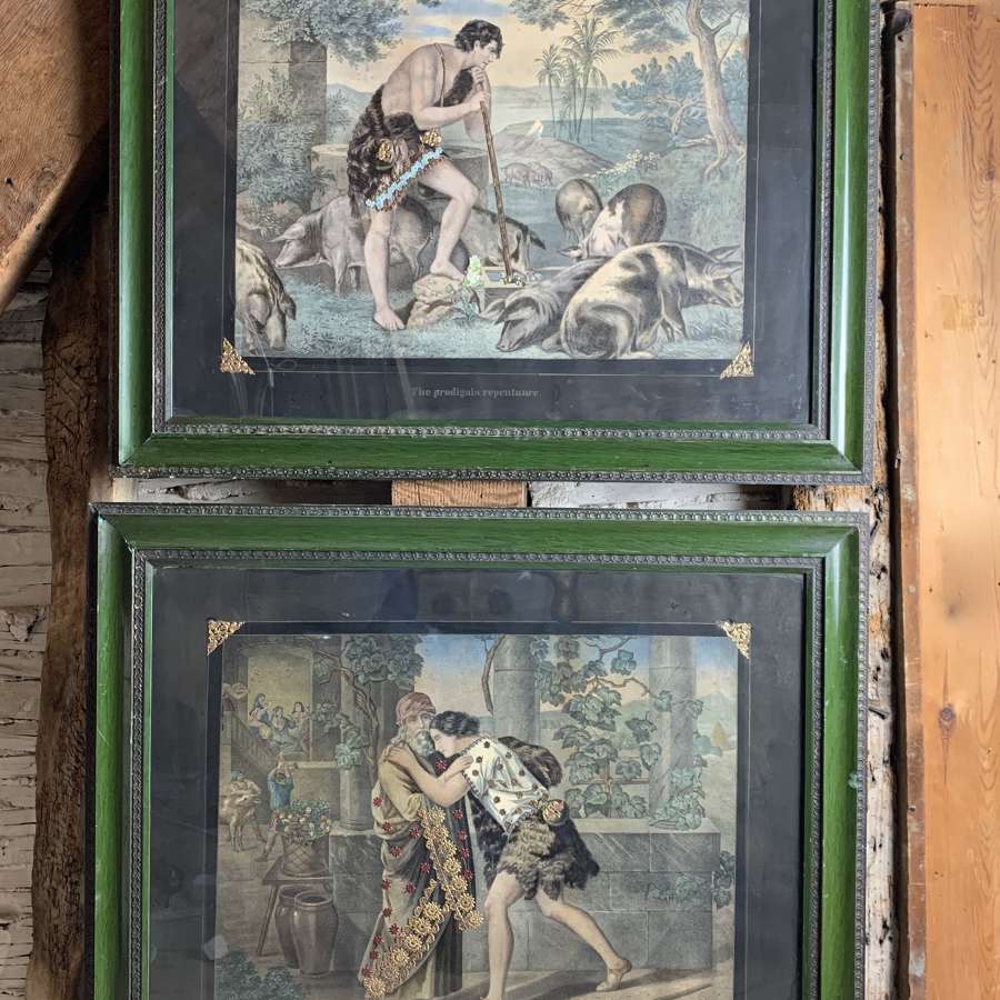 Pair of Victorian Tinsel Embellished Mezzotints - The Prodigal Son