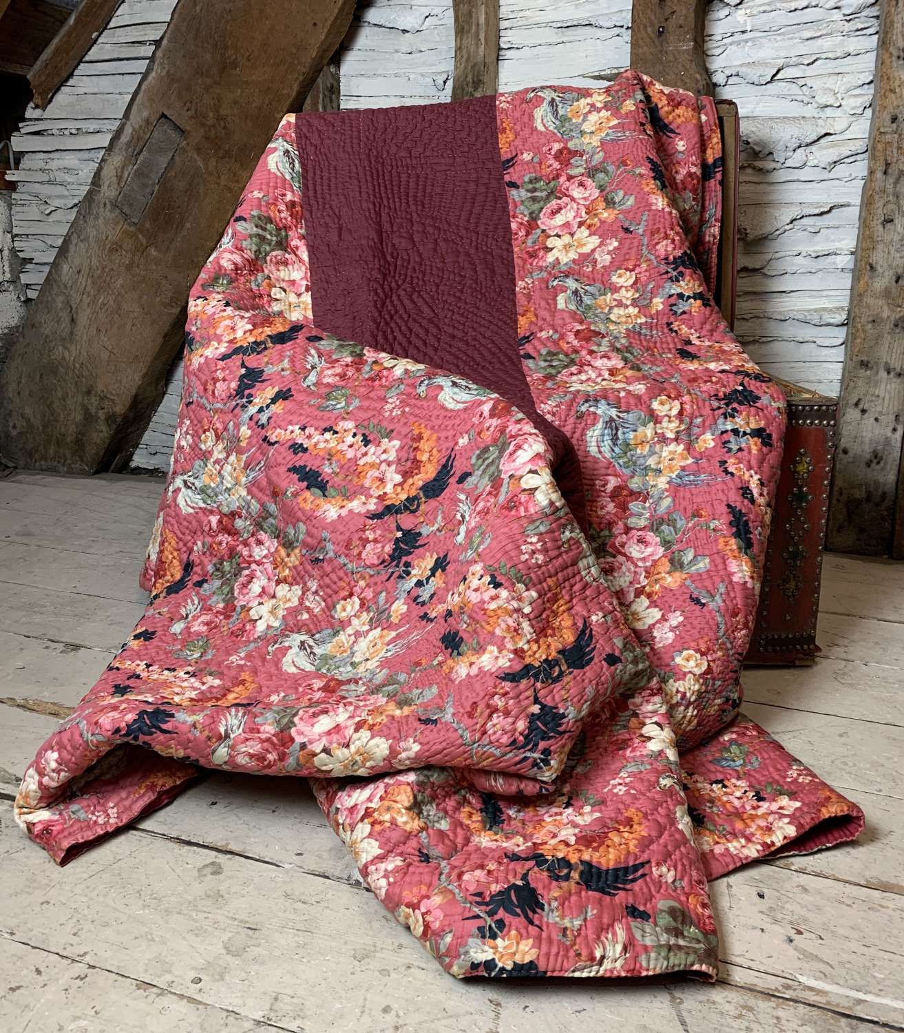 Antique Welsh Floral Hand Stitched Broadcloth Quilt