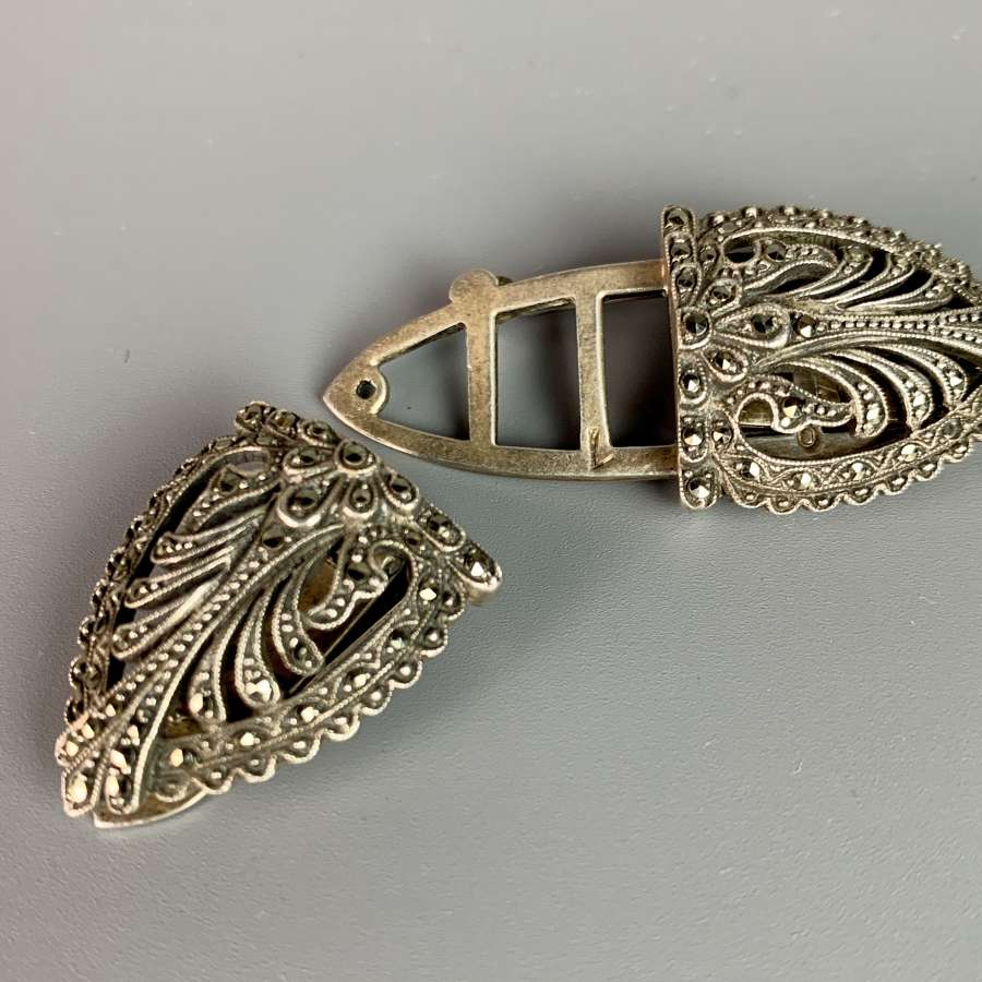 Art Deco Silver & Marcasite Duette Clip / Brooch