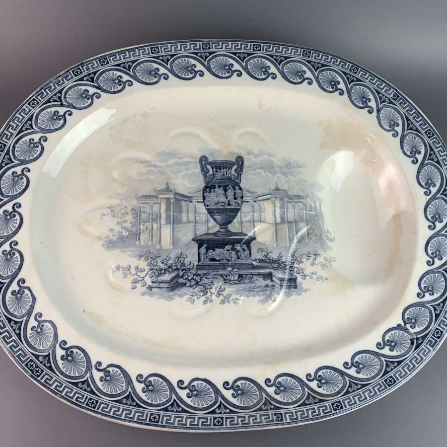 Large 19th Century Blue & White Meat Plate with Gravy Well