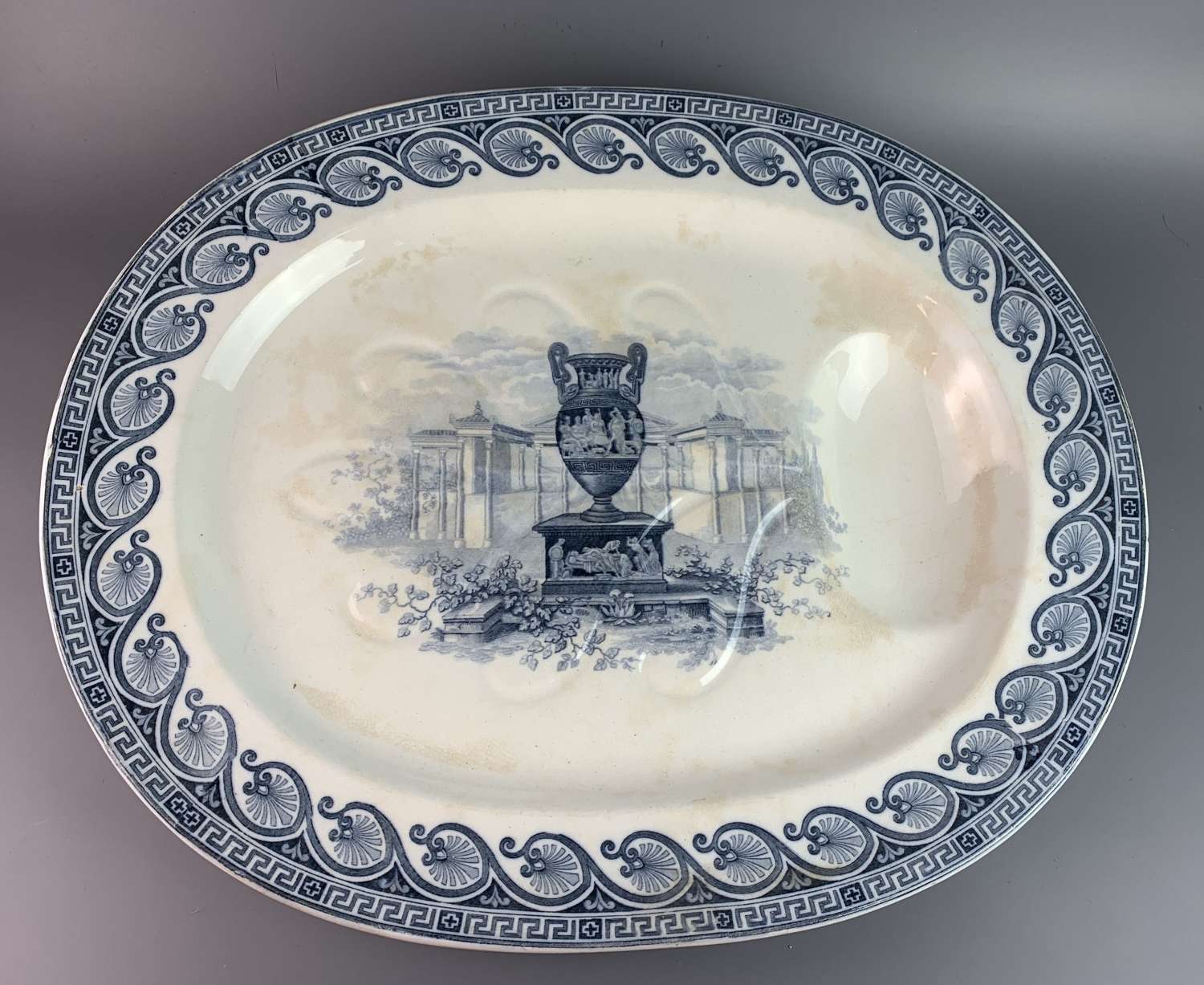 Large 19th Century Blue & White Meat Plate with Gravy Well