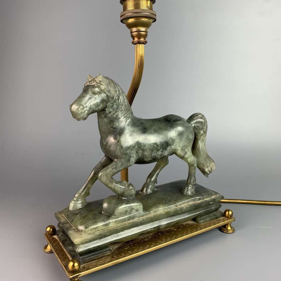 Carved Jade Horse & Gilt Brass Table Lamp