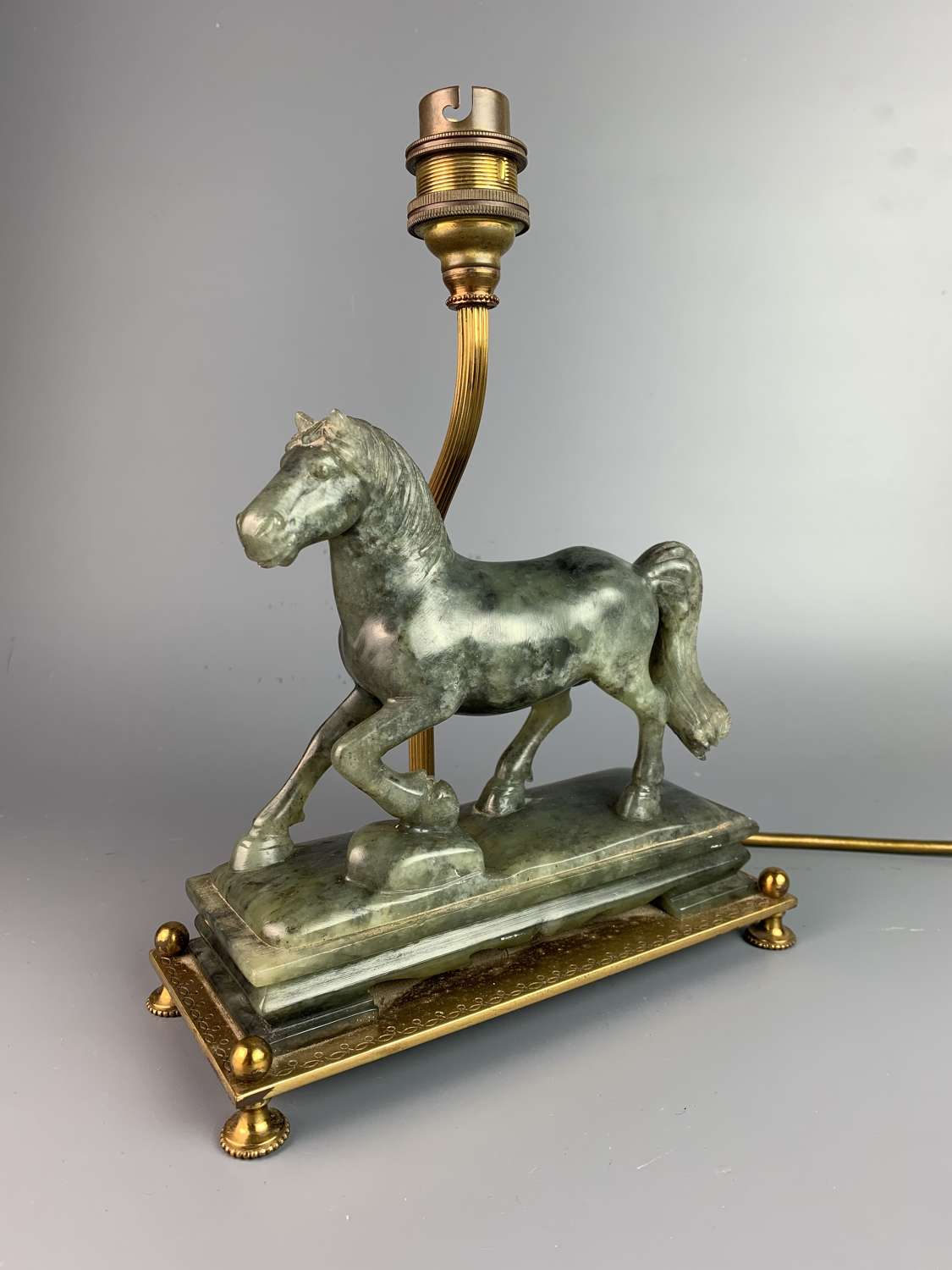 Carved Jade Horse & Gilt Brass Table Lamp