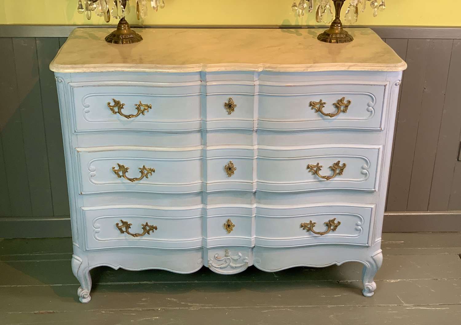 Vintage French Blue Painted Commode with Faux Marble Top