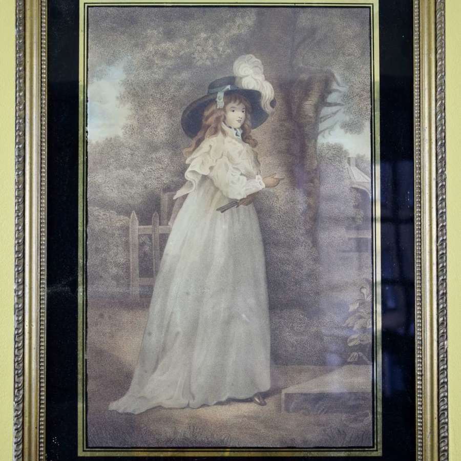 Regency Stipple Engraving of a Girl in a Picture Hat After Reynolds