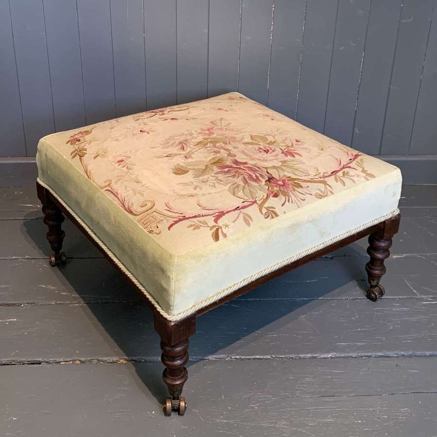 Victorian Aubusson Tapestry Stool with Harrington's Patent Castors