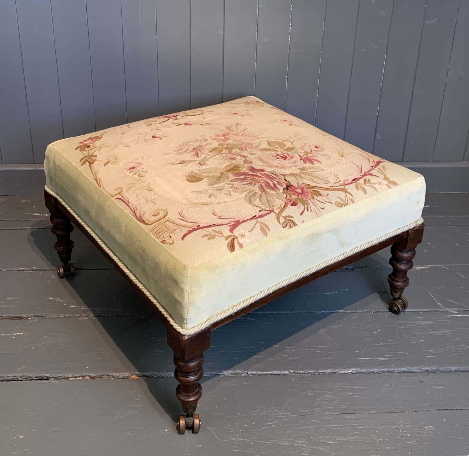 Victorian Aubusson Tapestry Stool with Harrington's Patent Castors