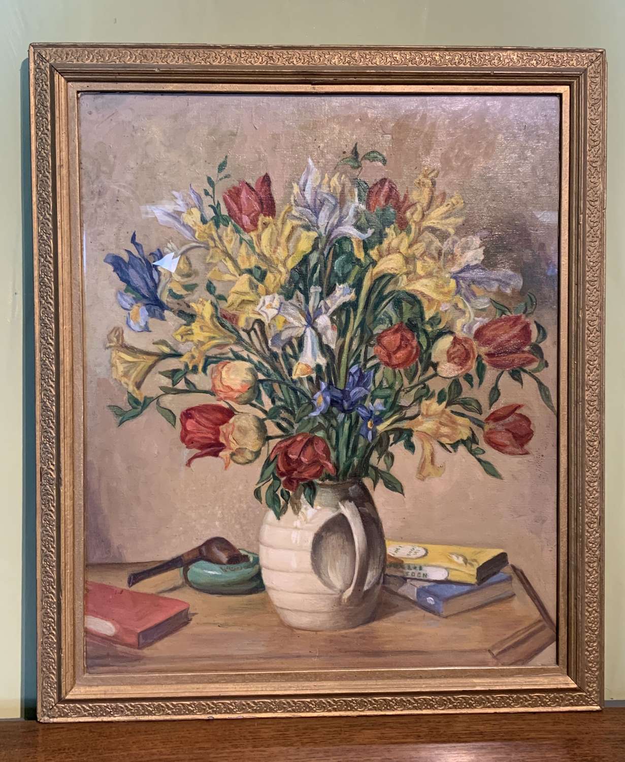 Still Life of Irises and Tulips in an Art Deco Vase, Oil on Canvas