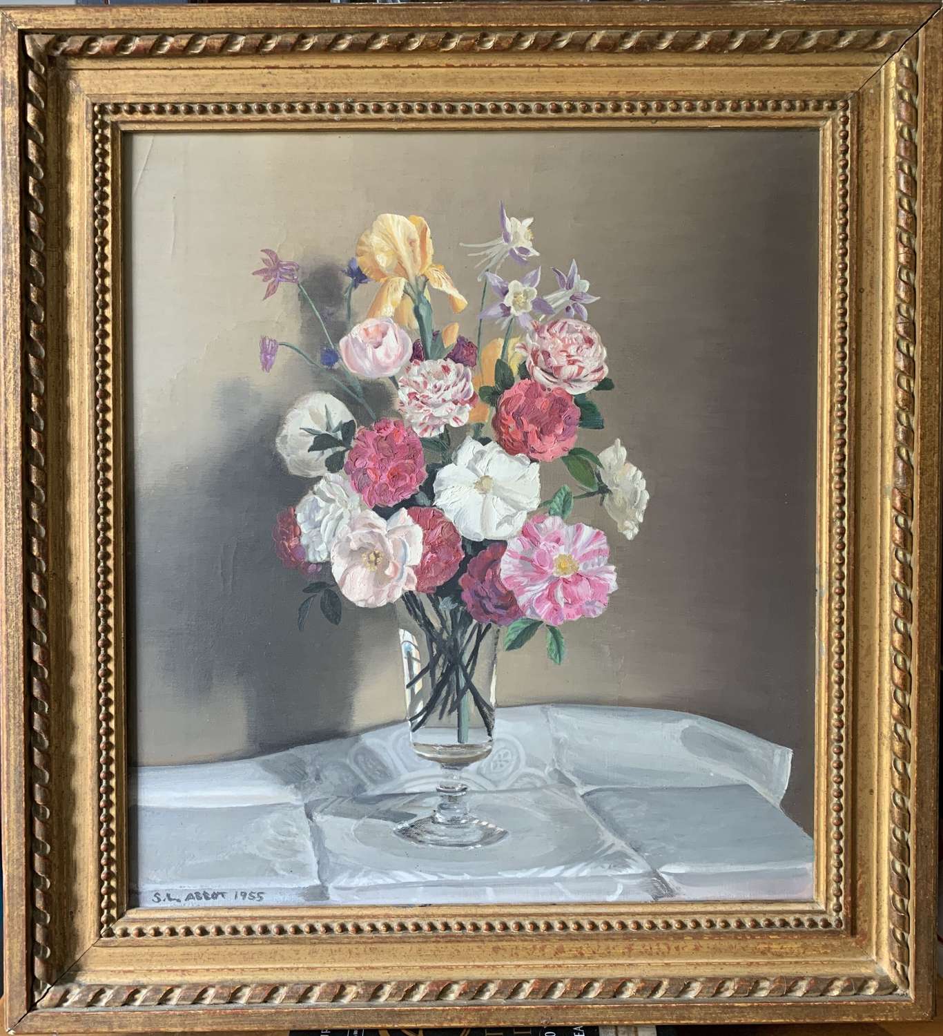 S.L. Abbot, Still Life of Flowers in a Glass, Oil on Canvas