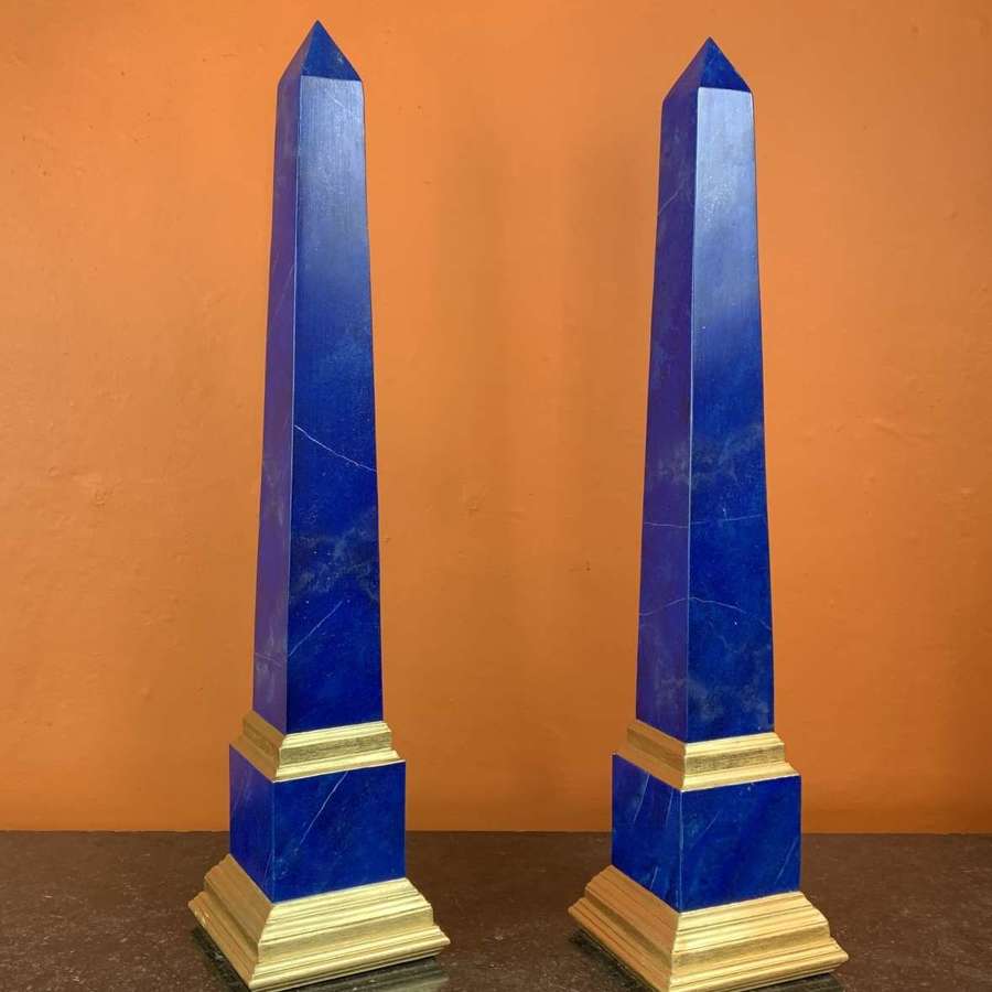 Pair of Faux Lapis Lazuli & Gilt Obelisks