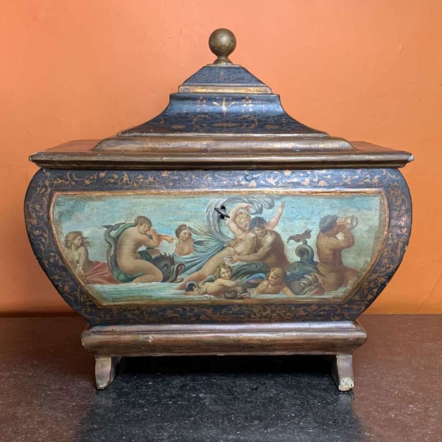 Large Italian 18th Century Baroque Hand Painted Table Top Casket