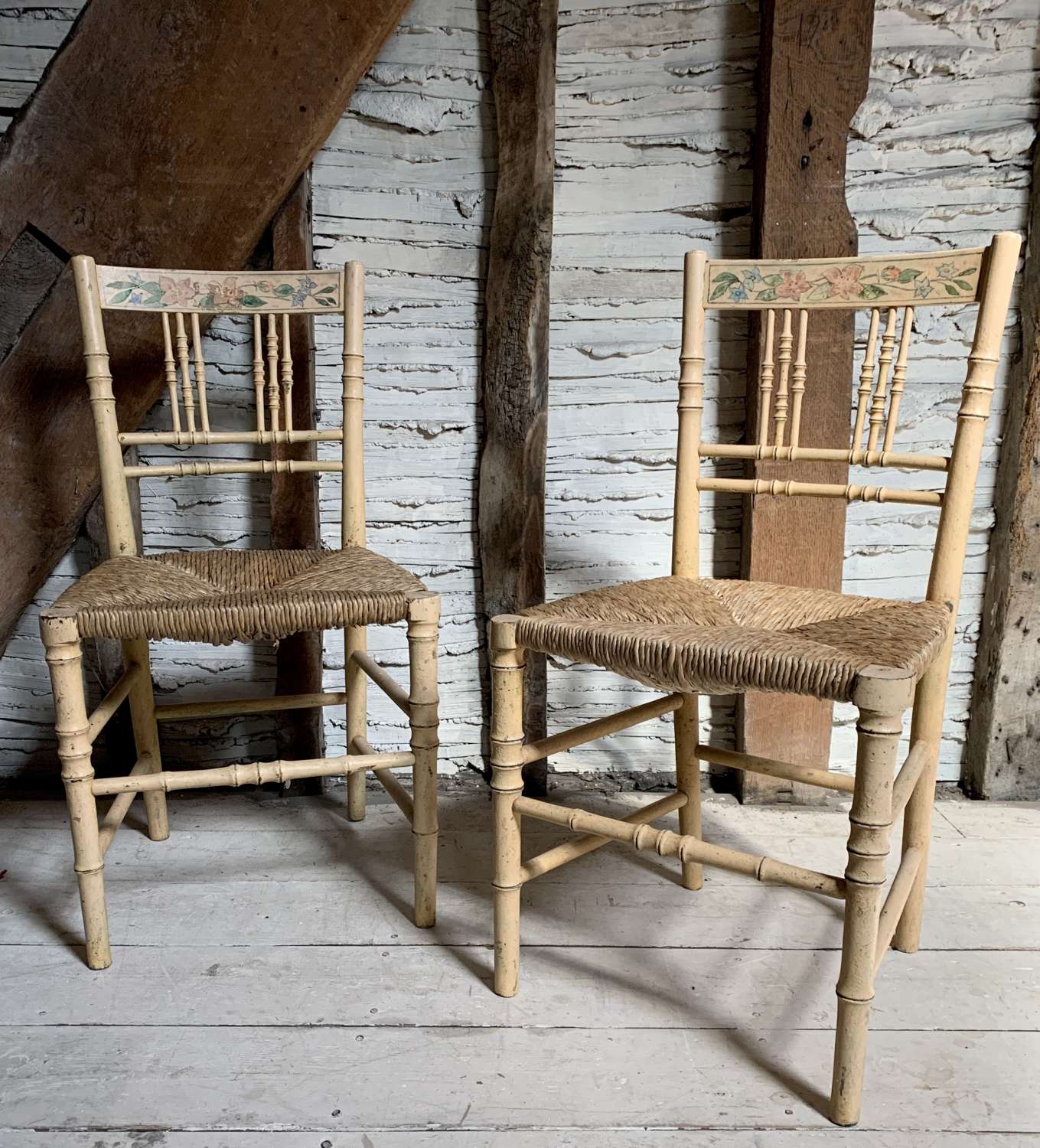 Pair of Regency Painted Faux Bamboo Side Chairs