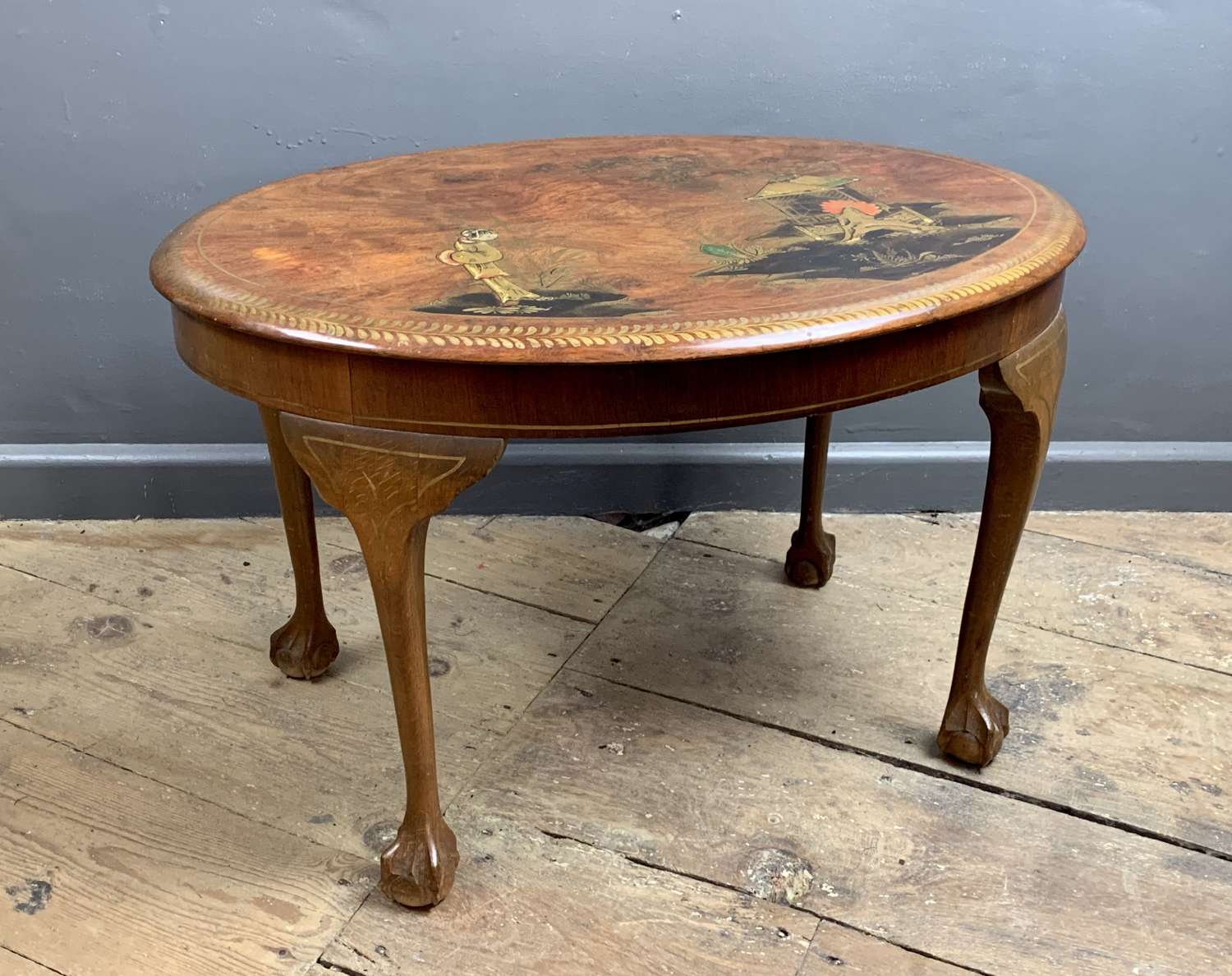 Mahogany Chinoiserie Decorated Oval Coffee Table