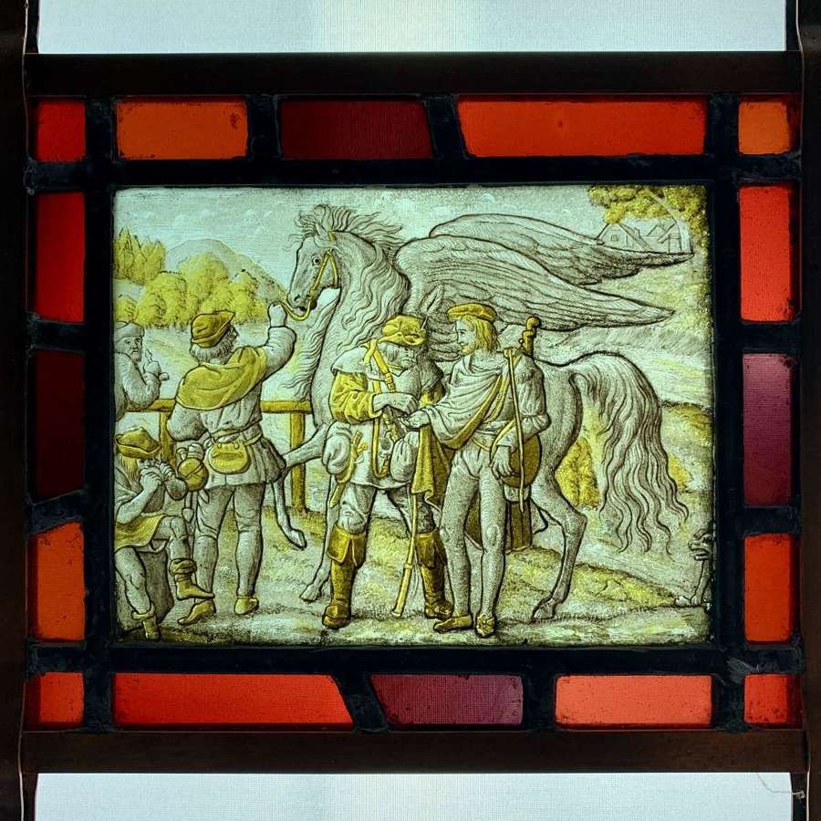 Dutch 18th Century Stained Glass Allegorical Panel of Pegasus